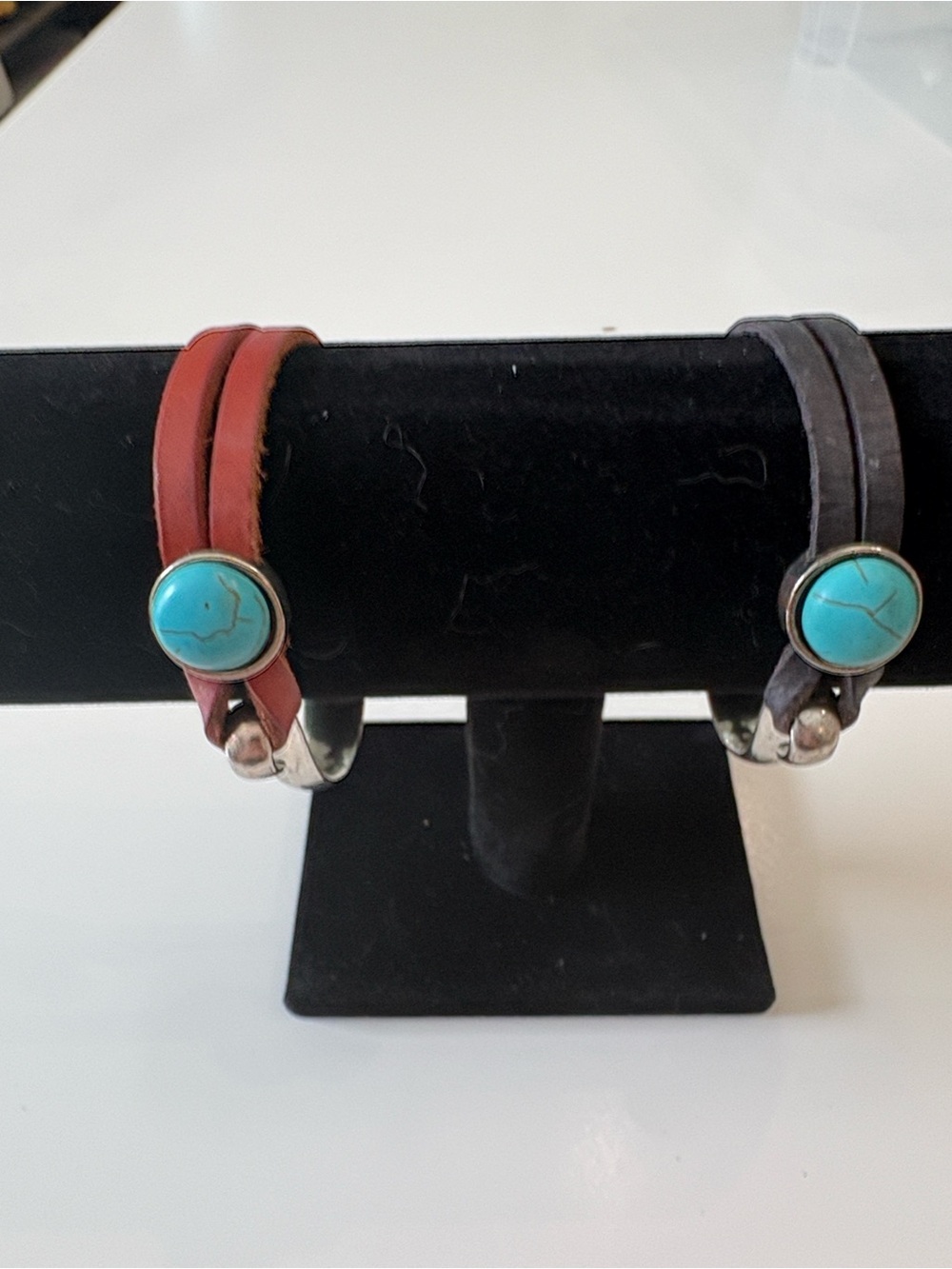 Turquoise Stone Leather Wrap Bracelet - Brown and Black